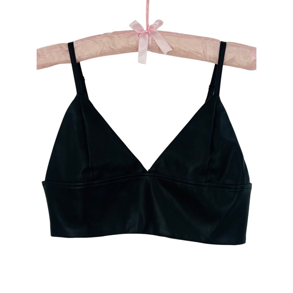 NWOT Shoedazzle Black Soft Vegan Leather Edgy V-Neck Sexy Club Rave EDM Crop Top - Picture 7 of 16